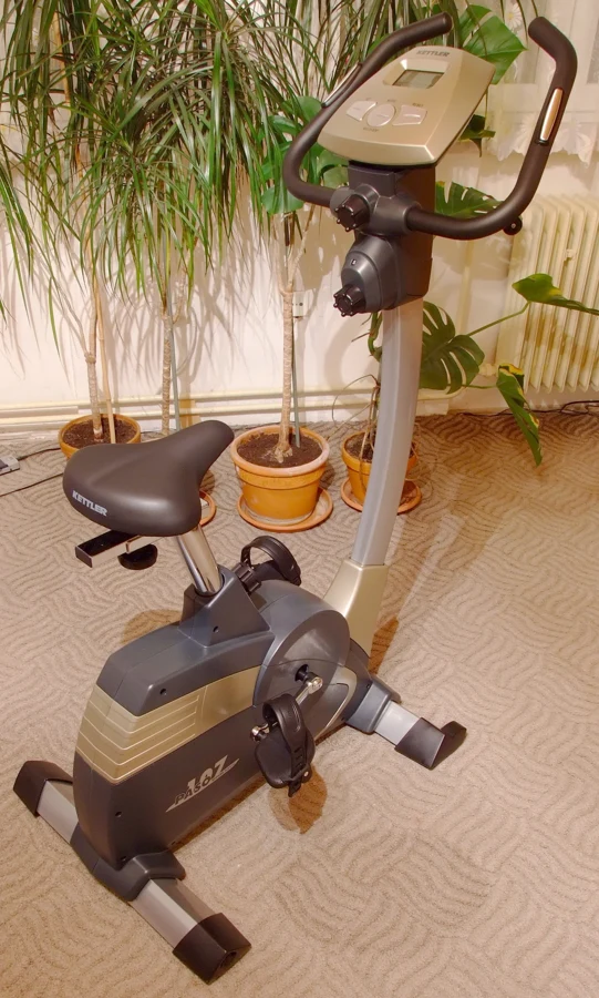 Vélo d'appartement droit à résistance magnétique installé dans un salon