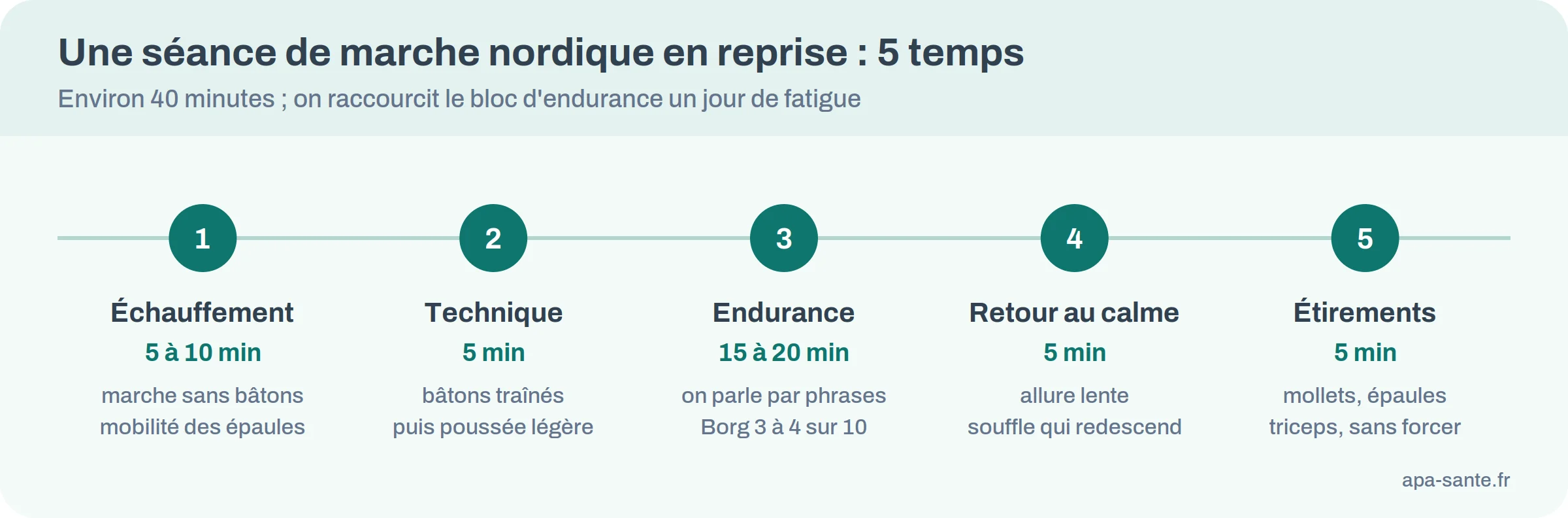 Frise des cinq temps d'une séance de marche nordique en reprise, de l'échauffement aux étirements